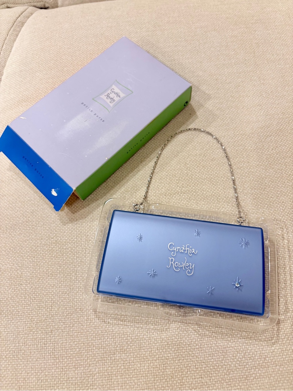 NEW Cynthia Rowley petite purse makeup powder compact Blue Chain Handle Clutch